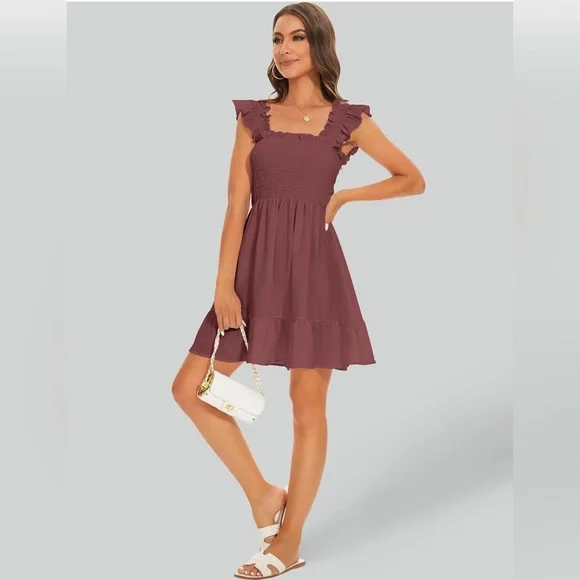 Boho Ruffled Square-Neck Smocked Mini Dress, Soft-Rust Colored, Size XS - Picture 3 of 9